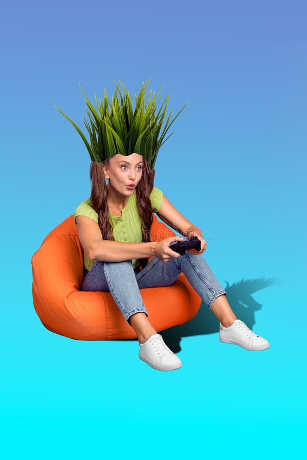 Collage artwork graphics picture of excited funky lady grass growing head enjoy playstation game isolated blue color