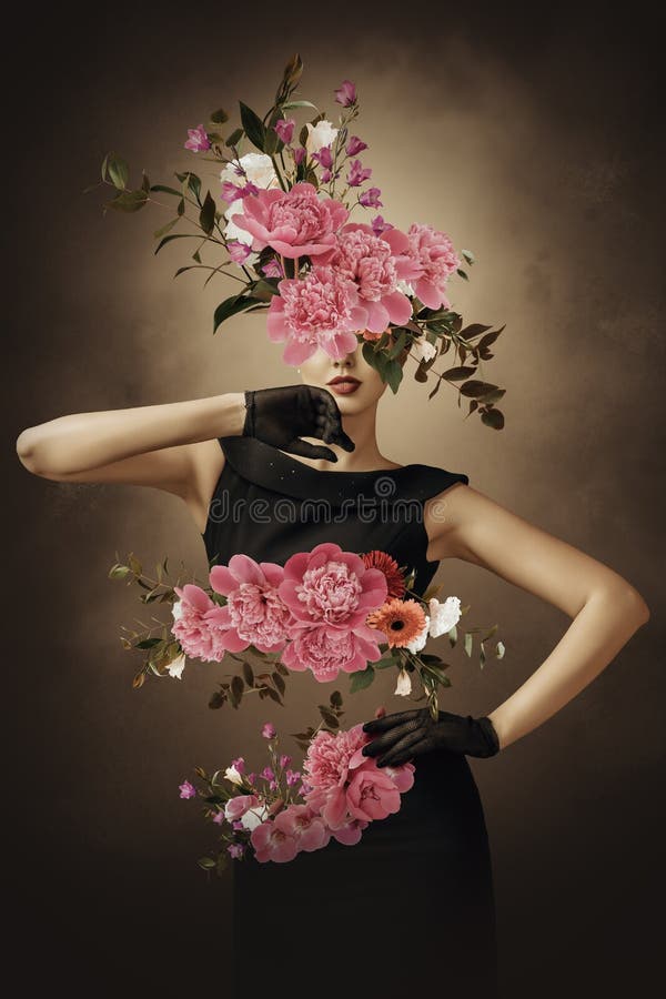Collage artístico abstracto de una joven con flores fotografía de archivo libre de regalías
