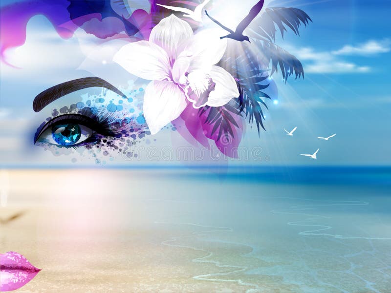 Collage astratto di estate con il mare del fronte e del blu della donna, il cielo, il sole e la spiaggia illustrazione vettoriale Collage astratto di estate con il mare del fronte e del blu della donna, il cielo, il sole e la spiaggia illustrazione vettoriale