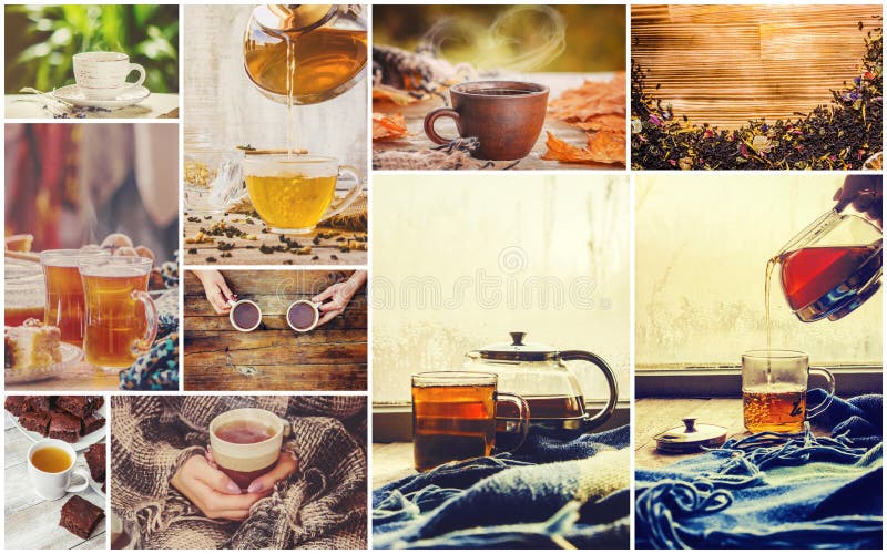 Collage autumn. tea hot drink. Selective focus. stock photo