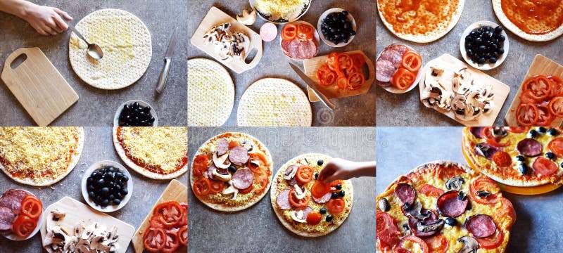Collage av den hemlagade pizzadanandeprocessen royaltyfri bild Collage av den hemlagade pizzadanandeprocessen royaltyfri bild