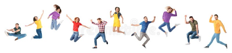 Collage av emotionellt folk som hoppar på vit bakgrund arkivfoto Collage av emotionellt folk som hoppar på vit bakgrund arkivfoto