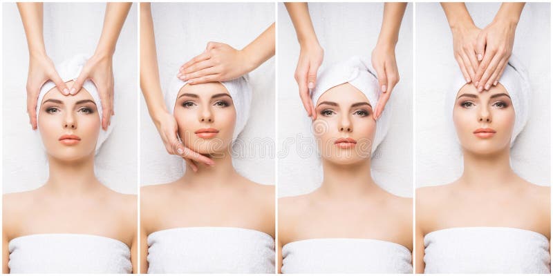 Collage avec la jeune et en bonne santé femme détendant dans le salon de station thermale Fille obtenant la thérapie orientale tr photos stock Collage avec la jeune et en bonne santé femme détendant dans le salon de station thermale Fille obtenant la thérapie orientale tr photos stock