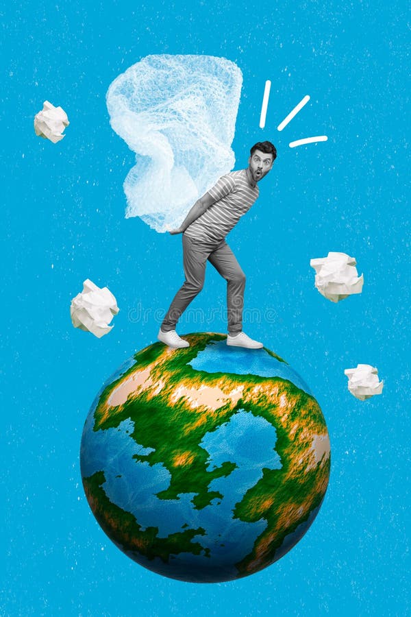 Collage banner of young excited activist world air pollution throwing plastic thrash world globe crazy ecology fan isolated on blue background.