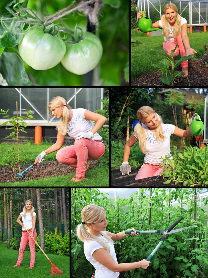 Collage. Beautiful casual woman gardening