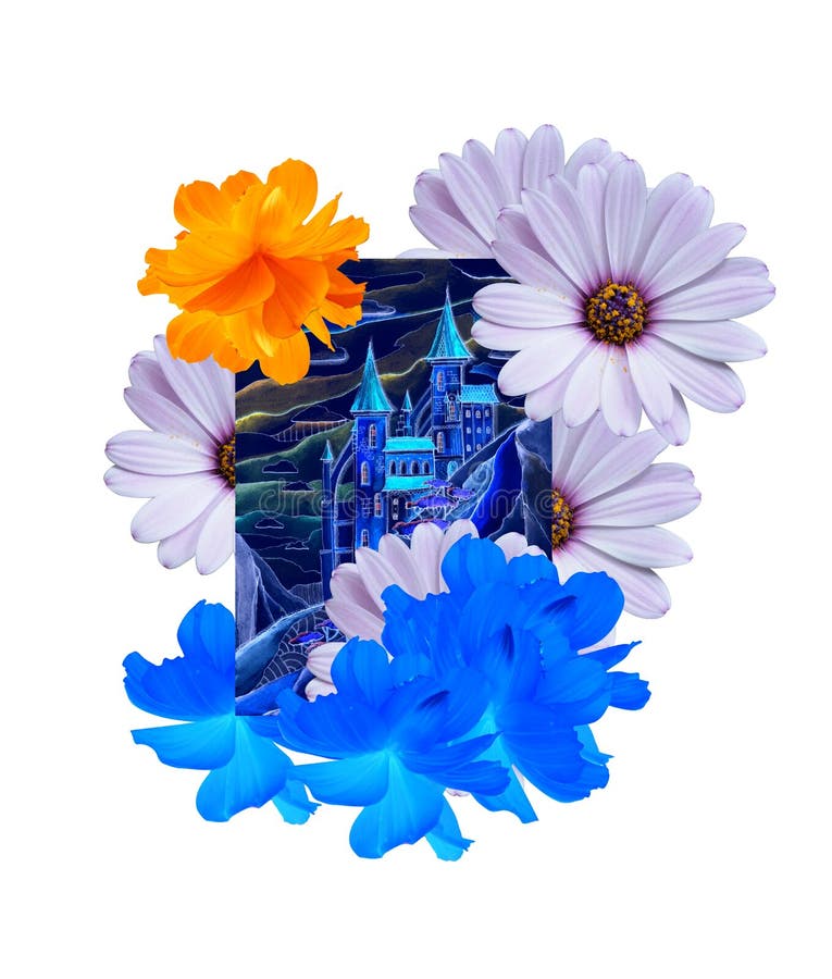 Collage with beautiful flowers and picture of fantasy castle. Pretty card