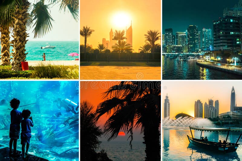 Collage with Beautiful Views of Dubai. Stock Photo Image of landmark