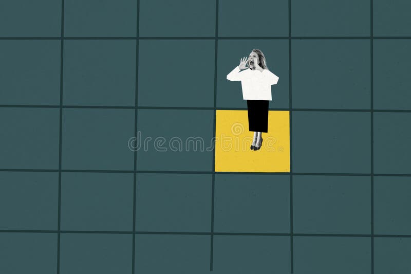 Collage Bild Bild von jungen Frauen schreien wütend Angst Problem Gefangenen Arbeiter bizarre ungewöhnliche Fantasie lizenzfreie stockfotografie