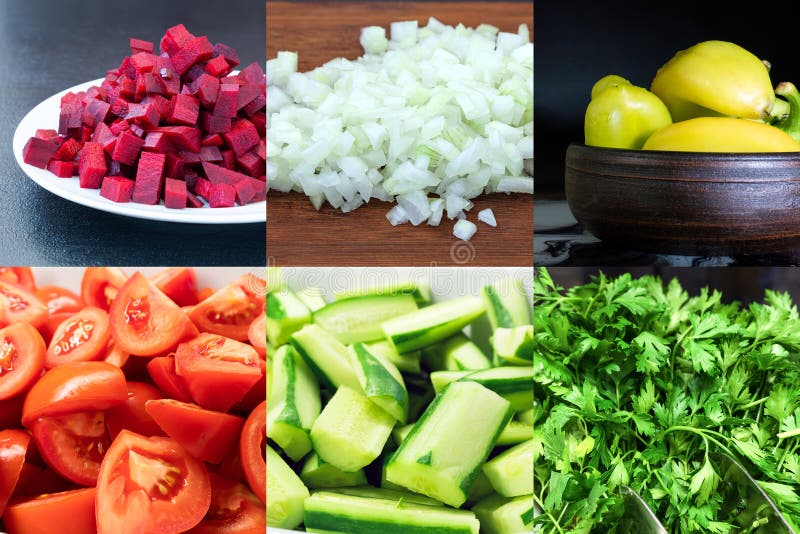 Collage of choppage gemüse einschl. cabbage beet tomato and parsley lizenzfreies stockfoto