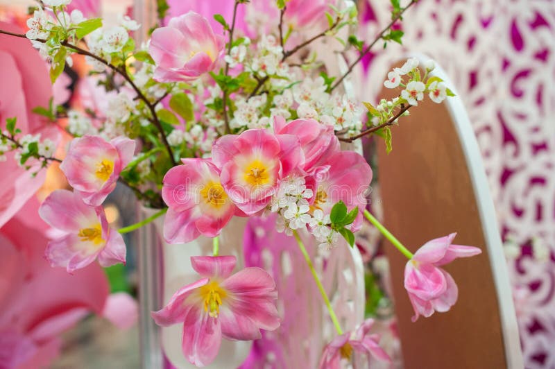Collage collection of pink wedding details from ceremony and reception stock image