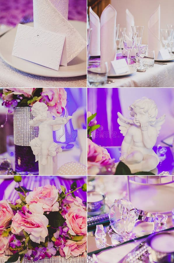 Collage collection of violet, purple wedding table stock photography