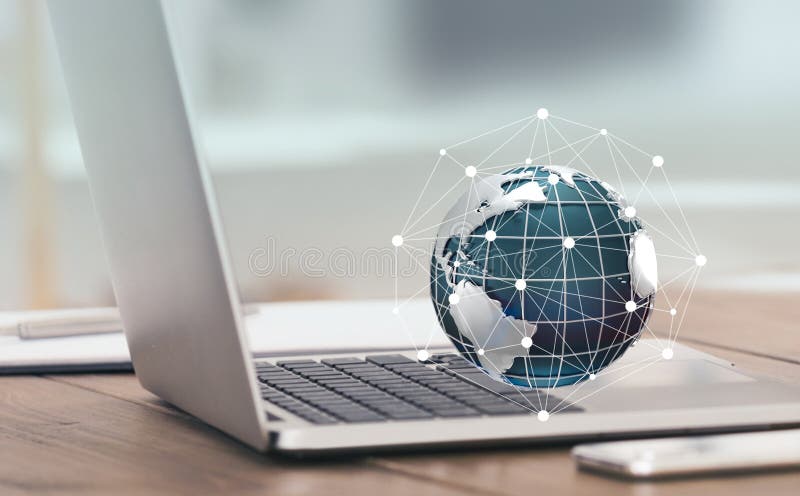 Collage con computer portatile e pianeta circondati da panorama di rete globale