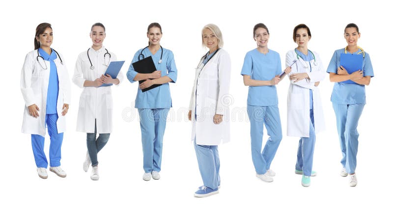Collage con fotos de médicos de fondo blanco. diseño de banners foto de archivo
