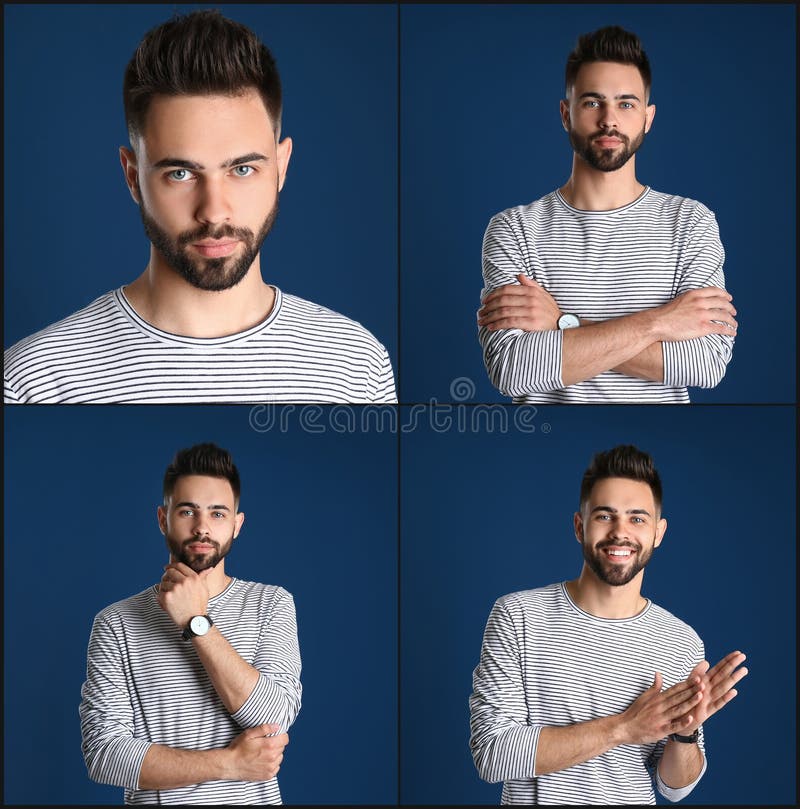 Collage con i ritratti dell'uomo bello sul blu fotografia stock Collage con i ritratti dell'uomo bello sul blu fotografia stock