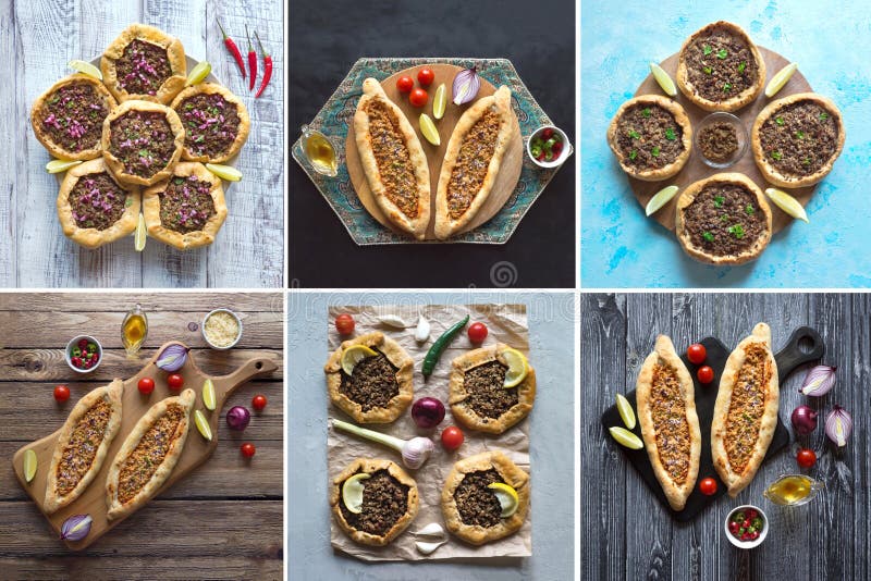 Collage con pizza araba Lahmacun Vista superiore fotografia stock libera da diritti Collage con pizza araba Lahmacun Vista superiore fotografia stock libera da diritti