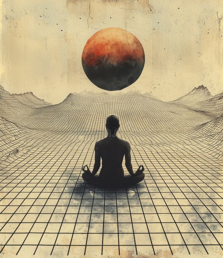 A collage in contemporary art showcases a businessman in a suit meditating in a yoga lotus pose with a retro computer royalty free stock images