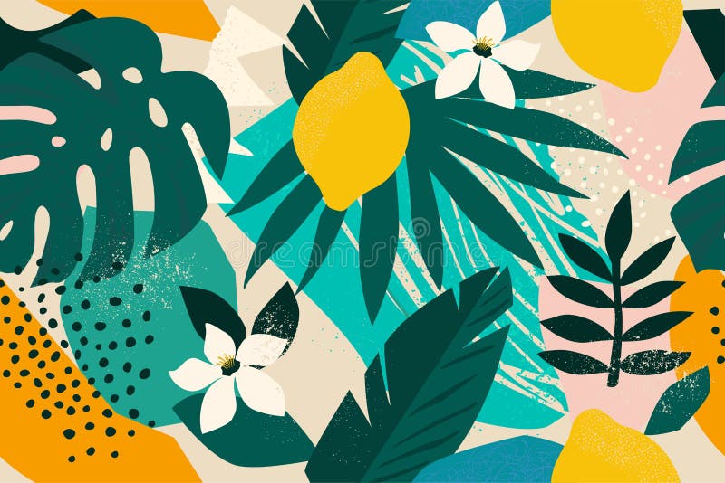 Collage contemporary floral seamless pattern. Modern exotic jungle fruits and plants illustration vector. stock illustration