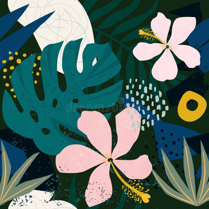 Collage contemporary hibiscus floral hawaiian pattern in vector. Seamless surface design. vector illustration
