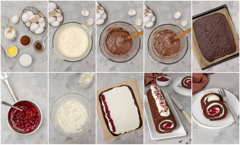 Collage of cooking chocolate roll cake Black Forest with cream and cherry filling on a gray background. Recipe step by step