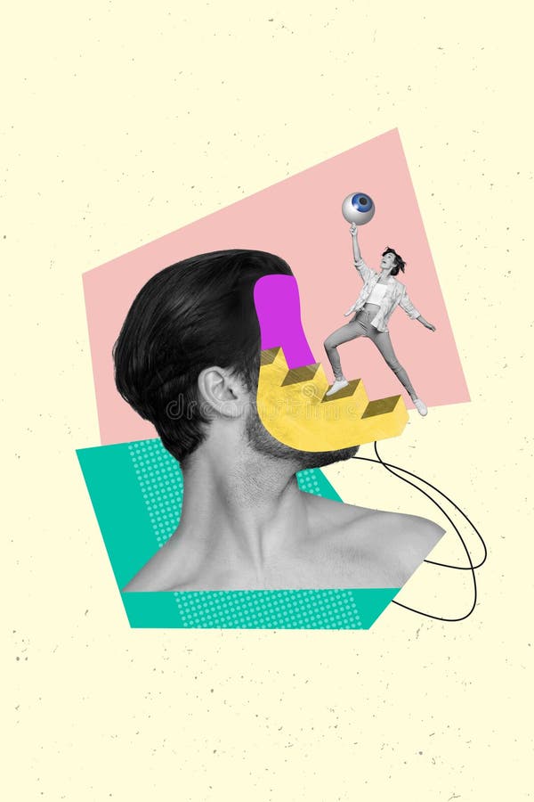 Collage creativo abstracto de plantillas de hombre sin rostro escaleras excitado mujer enérgica sosteniendo viendo el espionaje de foto de archivo