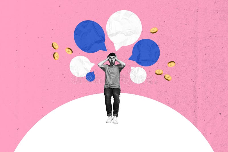 Collage creativo con una persona preocupada rodeada de vibrantes burbujas de habla y monedas en un colorido y moderno imágenes de archivo libres de regalías