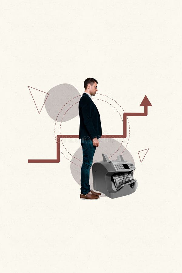 Collage creativo de banners de hombres de negocios apariencia de perfil en la máquina del dinero en dólares imagenes de archivo