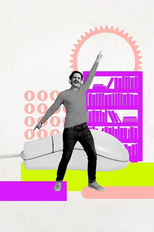 Collage creativo de burla de un joven escuchando música sobre fondo blanco con un boceto de la oficina del ratón grande ilustración del vector