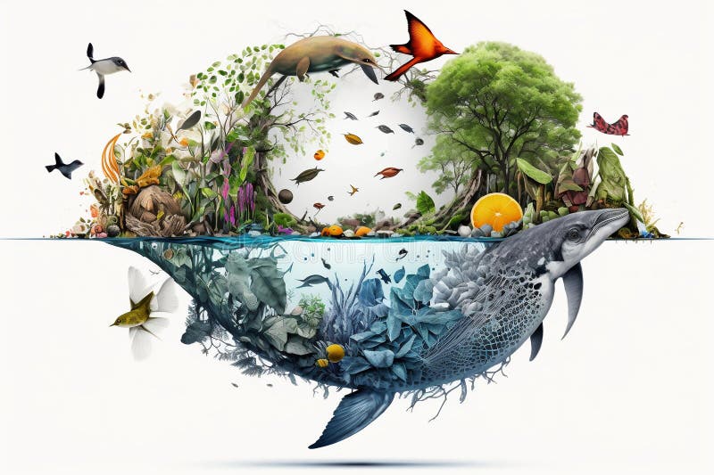 creative collage of biodiversity, ecosystem and protection of nature and water environment. Concept of saving the planet. creative collage of biodiversity, ecosystem and protection of nature and water environment. Concept of saving the planet