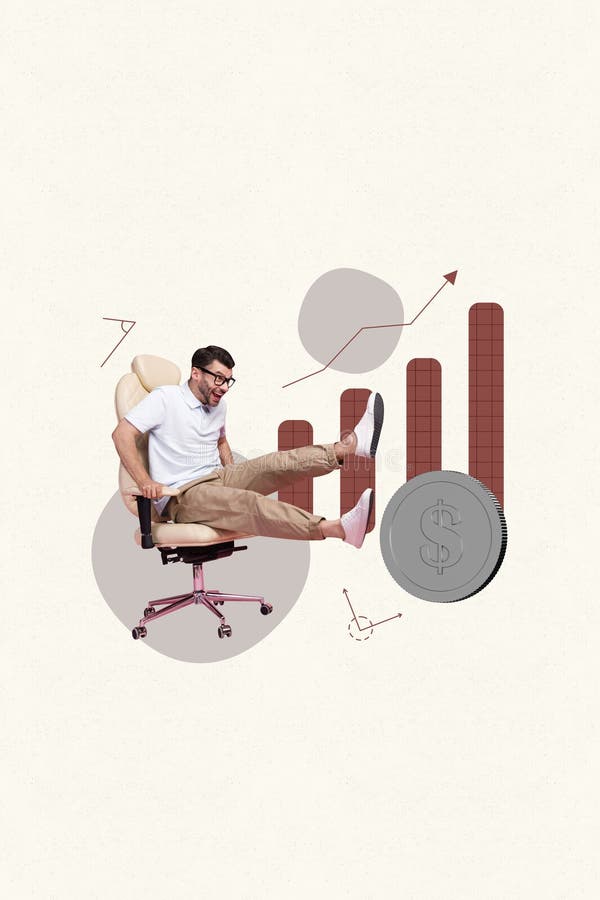 Collage creativo de plantillas de feliz hombre de negocios montado en silla para monedas de gráficos foto de archivo