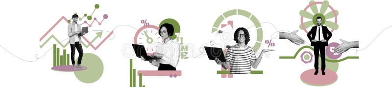 Collage creativo que representa conceptos de negocios modernos con elementos digitales y gráficos dentro de una temática en red foto de archivo