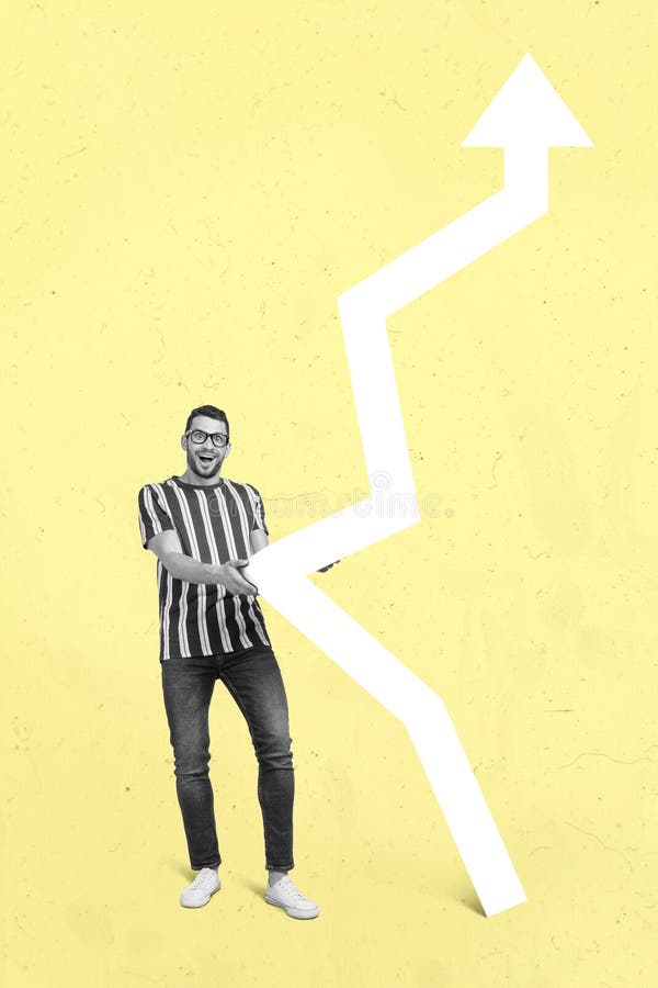 Collage creativo vertical del tacto de persona positiva loca flecha brillante aislada en el fondo amarillo del dibujo ilustración del vector