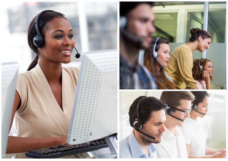 Collage of Customer Service help team in call center royalty free stock image