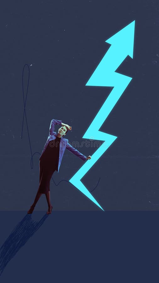 Collage d'art avec une femme d'affaires épuisée augmenter le revenu de la finance et se reposer après un dur travail sur fond de mode sombre. concept de charge de travail lourde heures supplémentaires succès délais horaires chargés