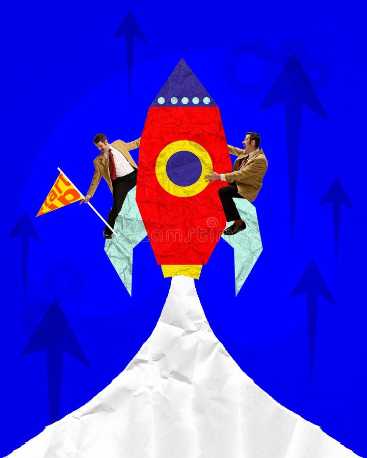 Collage d'art contemporain. deux hommes d'affaires montent une fusée dynamique symbolisant une croissance énergique et rapide des photographie stock libre de droits