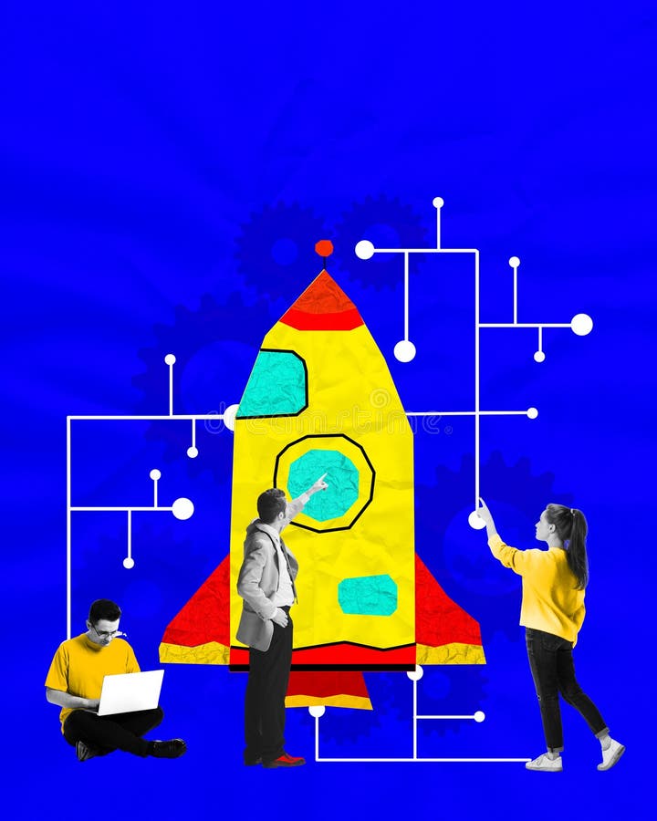 Collage d'art contemporain. l'équipe entoure une fusée dynamique avec des connexions attirées vers elle pour mettre en évidence la photos libres de droits