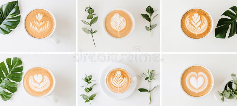 Collage dai colori vivaci con diversi prodotti da caffetteria divisi da linee verticali bianche illustrazione di stock