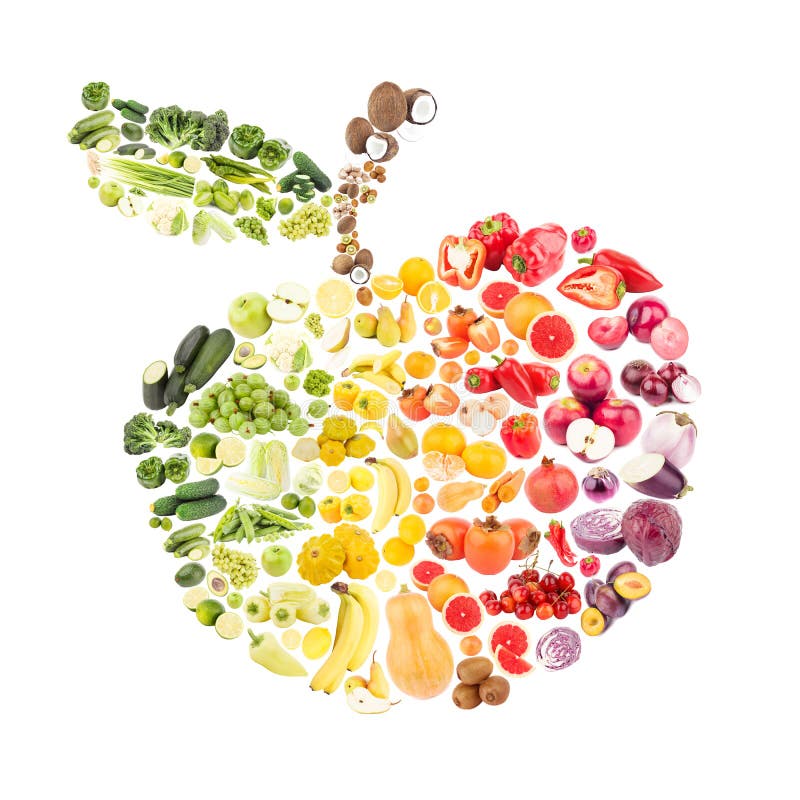 Collage dalle verdure e frutti sotto forma della mela, isolata immagine stock libera da diritti Collage dalle verdure e frutti sotto forma della mela, isolata immagine stock libera da diritti