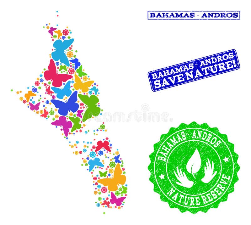 Collage de ahorro de la naturaleza del mapa de Bahamas - la isla de Andros con las mariposas y los sellos texturizados stock de ilustración Collage de ahorro de la naturaleza del mapa de Bahamas - la isla de Andros con las mariposas y los sellos texturizados stock de ilustración