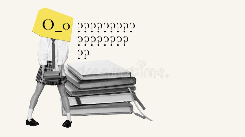 Collage de arte contemporáneo. diseño creativo. estudiante chica con muchos libros sintiéndose impactada. desbordamiento de inform imagen de archivo