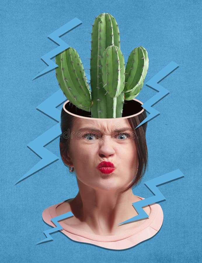 Collage de arte contemporáneo. diseño creativo. joven mujer expresando rabia e irritación con cactus dentro de la cabeza fotografía de archivo libre de regalías