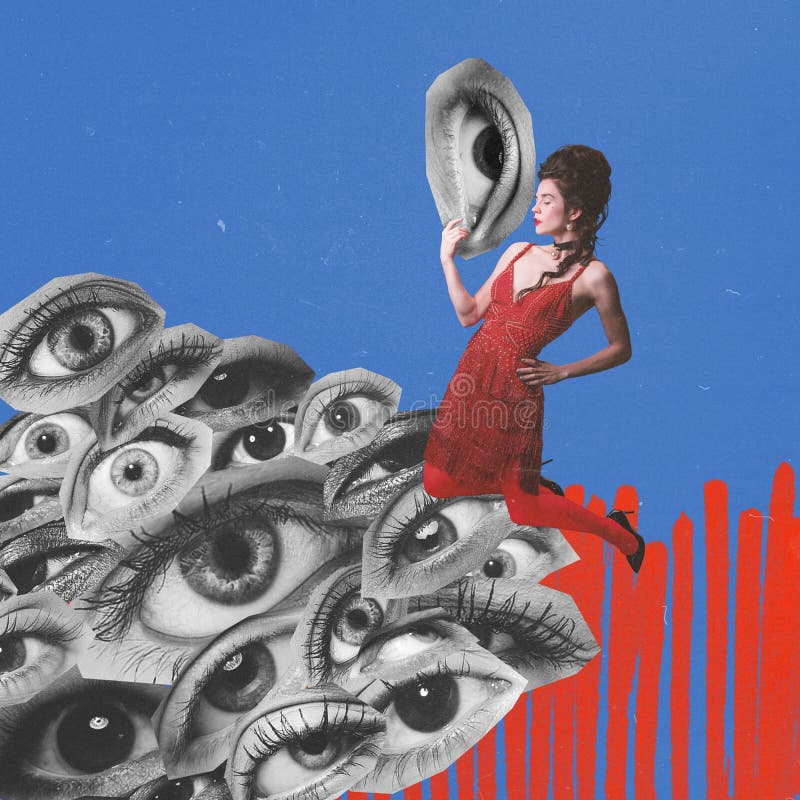 Collage de arte contemporáneo. imagen conceptual. joven y hermosa mujer vestida de rojo alrededor de muchos ojos mirando. necesida fotografía de archivo