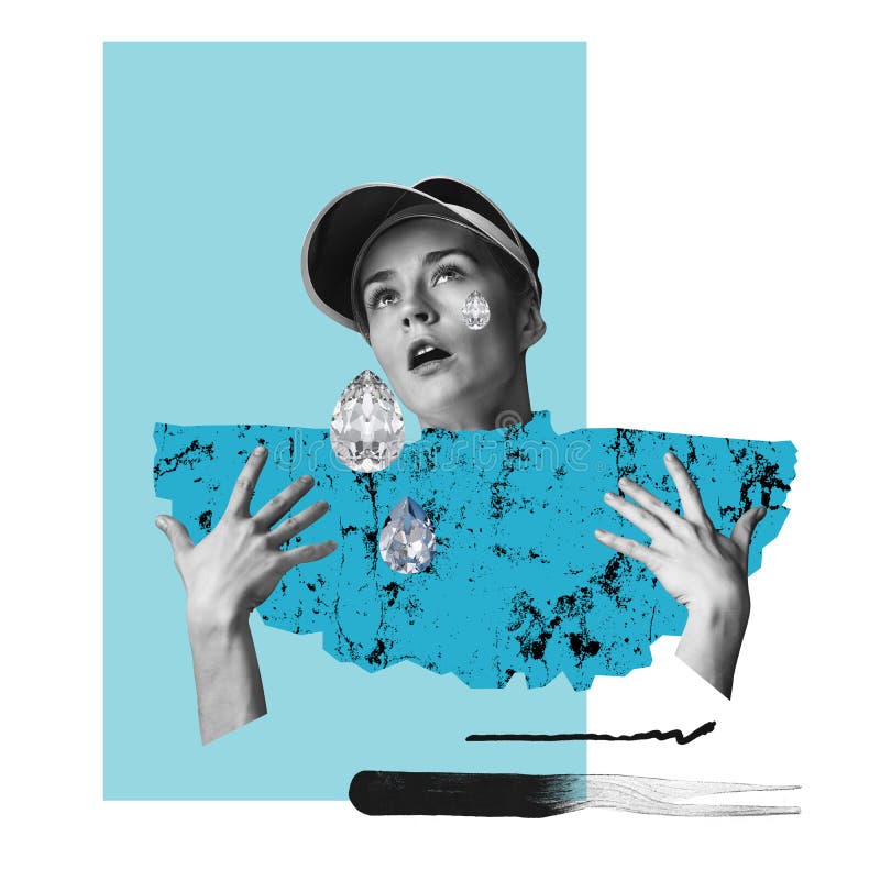 Collage de arte contemporáneo. imagen conceptual. mujer joven sintiendo tristeza. concepto de diseño de estilo retro mundo interio fotografía de archivo libre de regalías