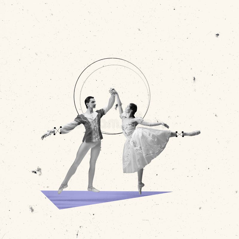 Collage de arte contemporáneo. rendimiento clásico. bailarinas de ballet de hombre y mujer sobre fondo de luz imágenes de archivo libres de regalías