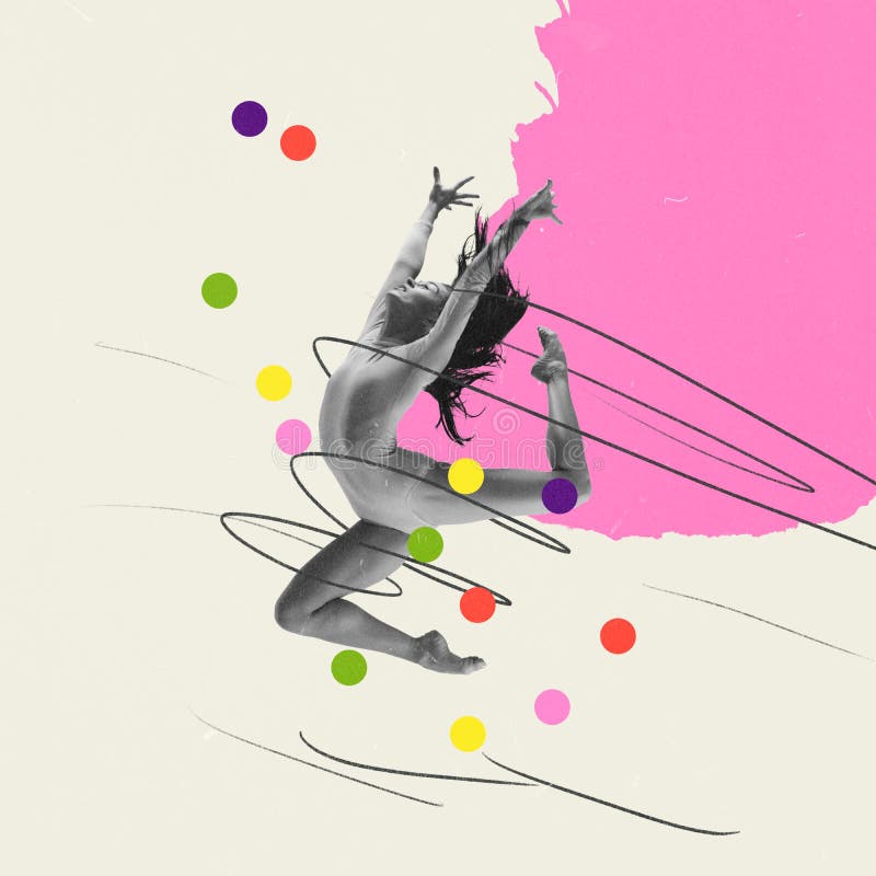 Collage de arte creativo. bailarina de ballet profesional bailando sobre fondo de luz imagen de archivo libre de regalías