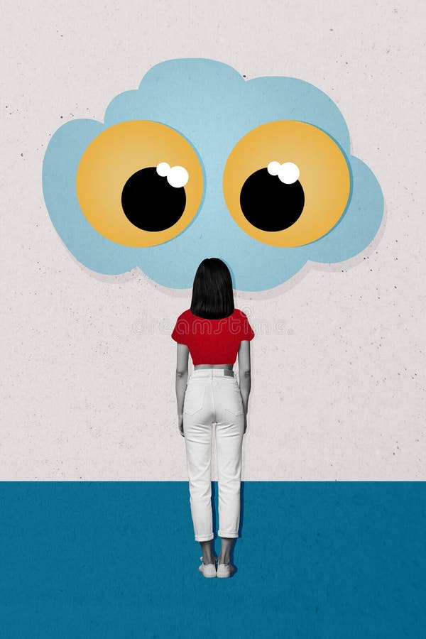 Collage de arte creativo vertical de una chica anónima mira cómo un personaje de dibujos animados en la nube de globo ocular es ai fotografía de archivo libre de regalías