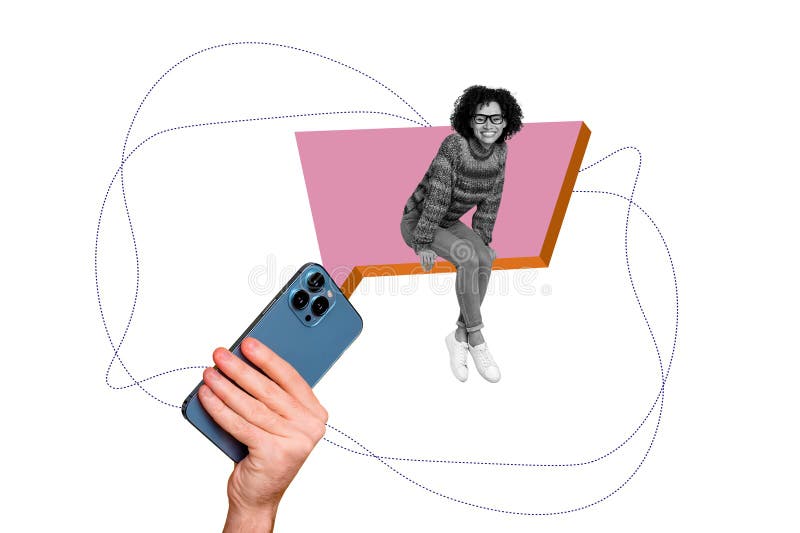 Collage de arte de fotos compuesto creativo de la mano sostiene un smartphone charlando con una chica sentada en una caja de texto ilustración del vector