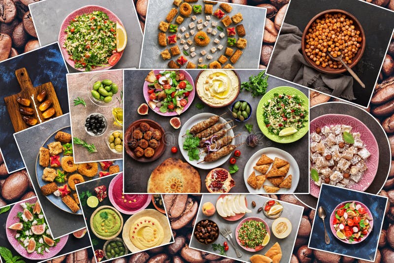 Collage de divers aliments traditionnels arabes et du moyen-orient. collection de photos avec plats arabes. vue depuis le haut