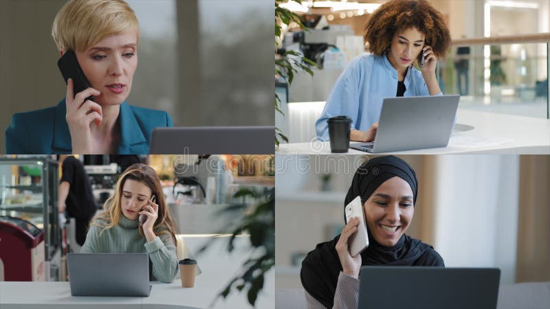 Collage de diverses personnes d'affaires collègues femmes freelance travail sur ordinateur groupe féminin conférence en chat virtu banque de vidéos