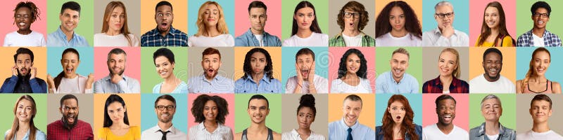 Collage de diverses personnes exprimant différentes émotions et réactions photographie stock