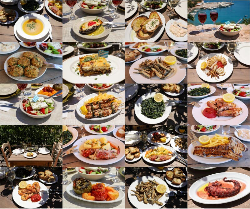 Collage de diversos platos de las ensaladas de la carne de los mariscos de la cocina griega deliciosa, concepto griego sabroso de imagen de archivo libre de regalías Collage de diversos platos de las ensaladas de la carne de los mariscos de la cocina griega deliciosa, concepto griego sabroso de imagen de archivo libre de regalías